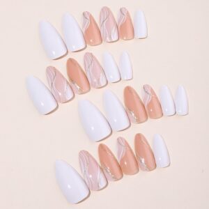 Almond Press on Nails Medium Fake Nails Glitter Gold Line Design Glue on Nails White False Nails Full Cover Nude Acrylic Nails Glossy Stick on Nails Fall Artificial Nails for Women Manicure 24Pcs