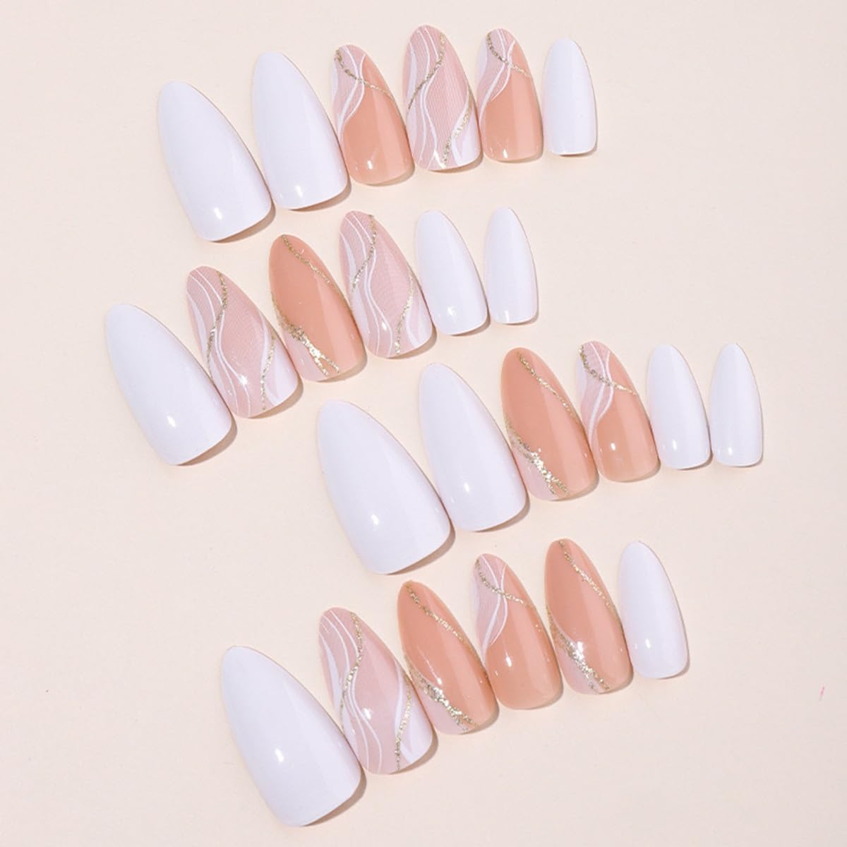 Almond Press on Nails Medium Fake Nails Glitter Gold Line Design Glue on Nails White False Nails Full Cover Nude Acrylic Nails Glossy Stick on Nails Fall Artificial Nails for Women Manicure 24Pcs