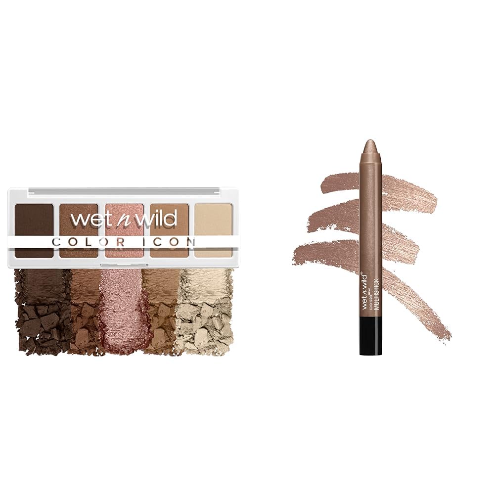 wet n wild Color Icon 5-Pan Palette Brown Walking On Eggshells & Color Icon Cream Eyeshadow Makeup Multi-Stick Champagne Room Bundle