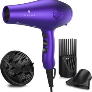 Wazor 3rd Generation Lightweight Low Noise Hair Dryer,(1875W Tourmaline Ceramic Negative Ionic Blow Dryer 2 Speed 3 Heat Settings Cool Shot with Diffuser Concentrator(Purple)