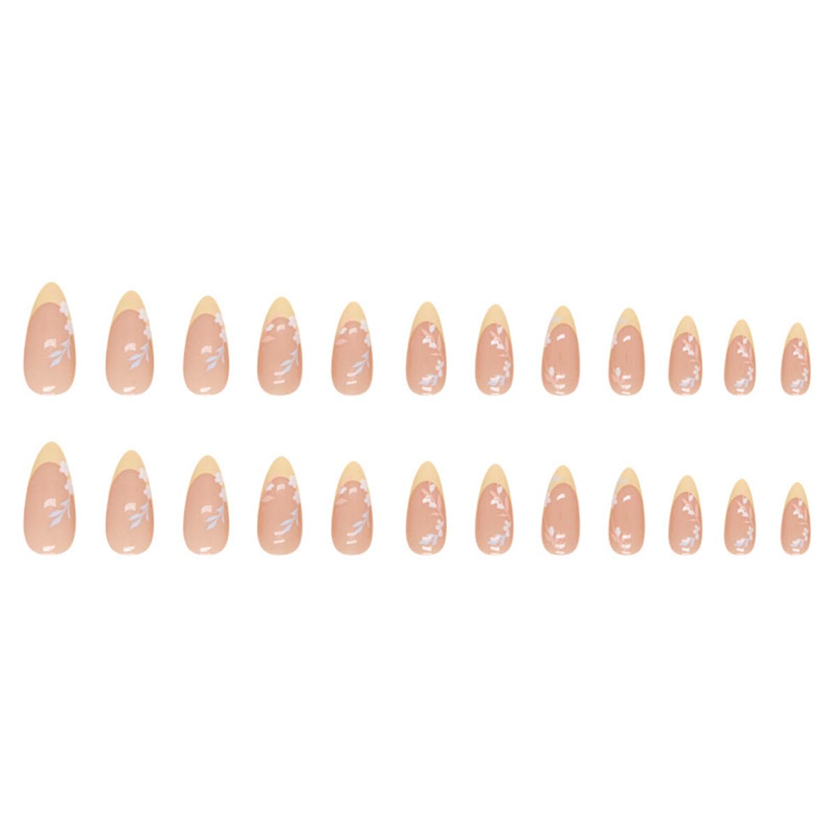 Flower Almond Medium French Tip False Nails with Floral Designs - Glossy Full Cover Acrylic Artificial Cute Stick on Nails for Women - 24pcs - Image 2