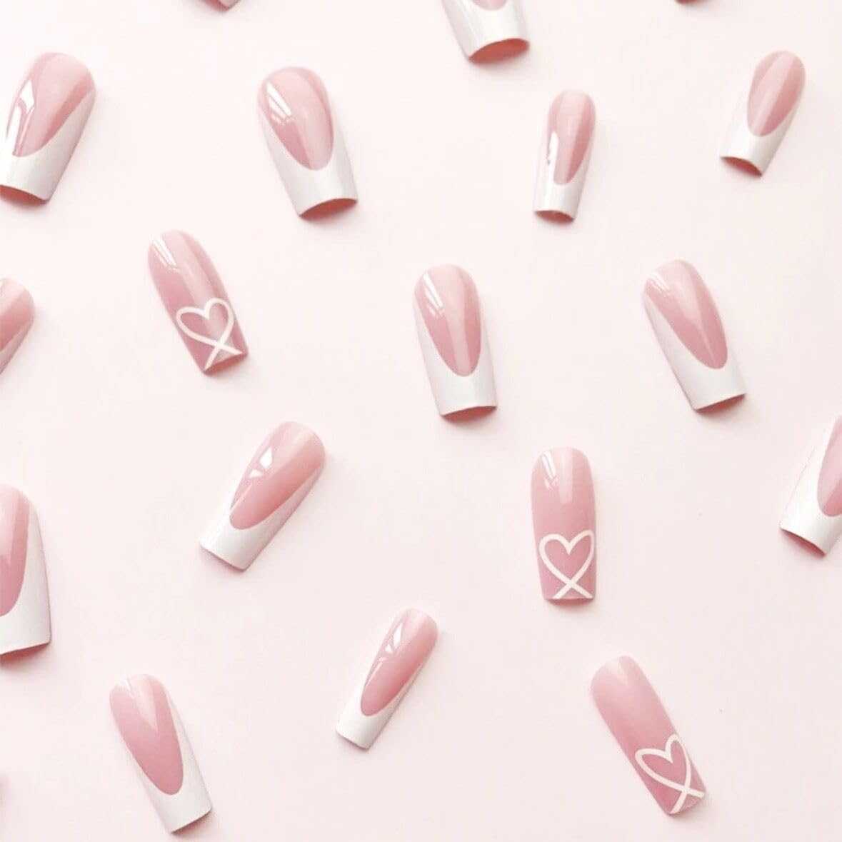 White French Tip Press on Nails Coffin Fake Nails Medium False Nails with Heart Design Glue on Nails Glossy Full Cover Stick on Nails Cute Acrylic Nails Press ons for Women Manicure Kit 24Pcs - Image 2