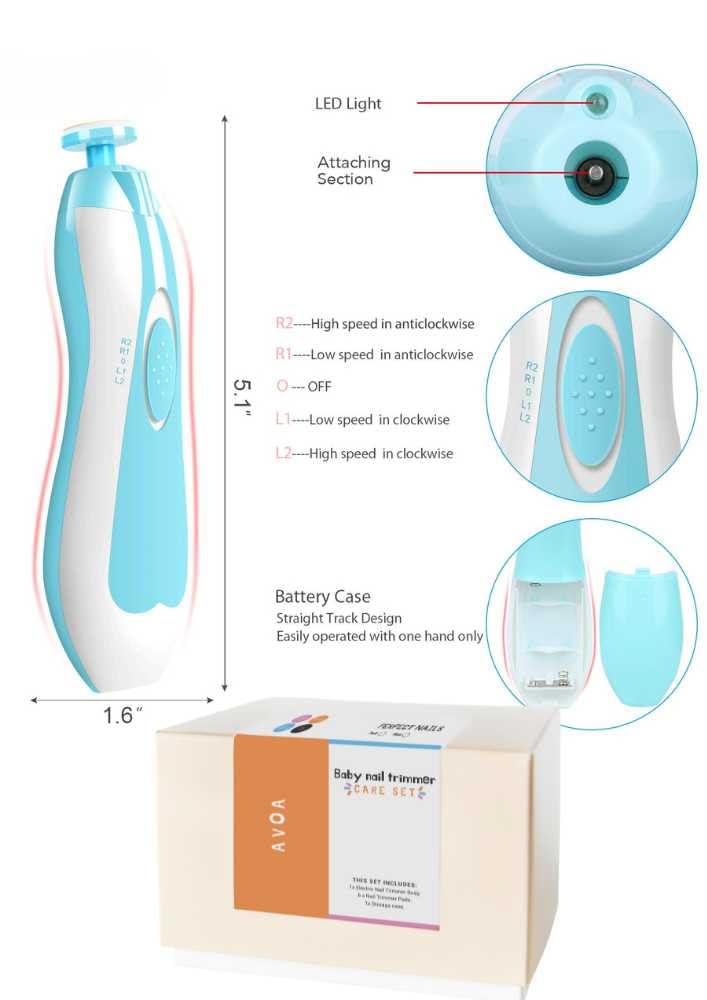 AVOA Electric Baby Nail Trimmer Kit Blue with LED Light Quiet Ergonomic Design - Image 3