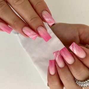 Pink Press on Nails Medium Square Ombre Fake Nails with Marble Design Gel Acrylic Glue on Nails for Wedding Birthday Gradient Stick on Nails for Women Manicure False Nails with Glue ALP888L