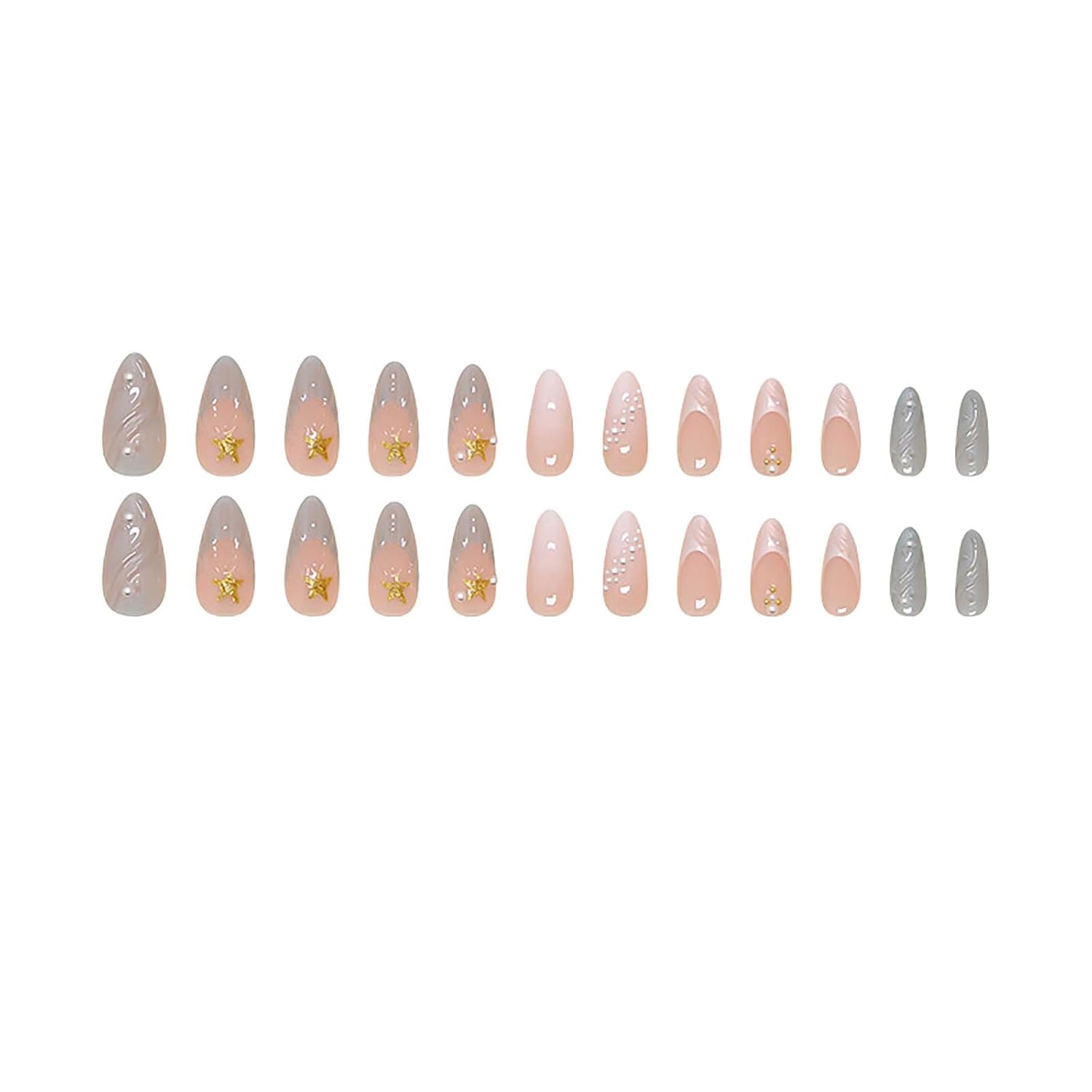 Almond Press on Nails Medium Fake Nails Blue White French Tip False Nails with 3D Shell Star Designs White Ombre Nail Press ons Glossy Glue on Nails Cute Stick on Nails for Women 24Pcs - Image 4