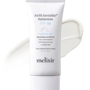 Melixir Airfit Invisible™ Sunscreen SPF 50, Broad Spectrum Korean Rice Sunscreen for Face, Hyaluronic Acid, Moisturizing Daily Protection for Sensitive Skin, No White Cast, Waterproof (1.7fl.oz./50ml)