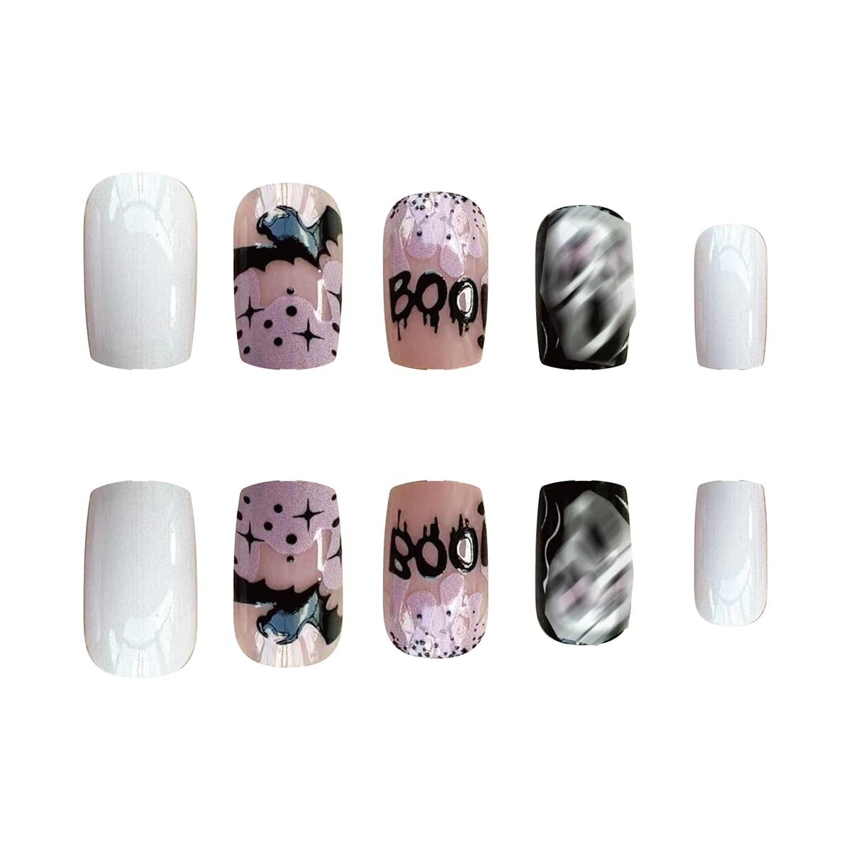 Halloween Fake Nails Medium Square Glue on with Horror Ghost Face Designs - Acrylic Blood Bat Skull Pink Stick on Nails False Nail Tips Full Cover 24 Pcs - Image 2