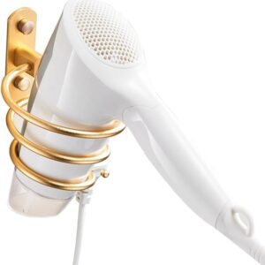 Blow Dryer Holder Wall Mounted Bathroom Hair Dryer Hanger Hair Tool Organizer for Full Size Dryer Swivel Storage Rack with Armrests for Flat Iron Curling Iron Space Saving Design (Gold)