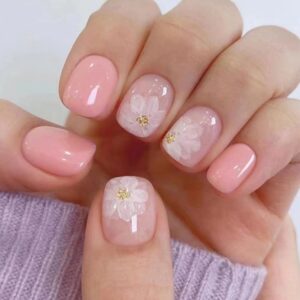 Press On Nails Short，Acrylic Nails Press on ，Short Square Press on Nails Fake Nails Glossy Pink False Nails with Iced Camellia Press ons Designs Artificial Nails Stick on Nails for Women Girls 32Pcs