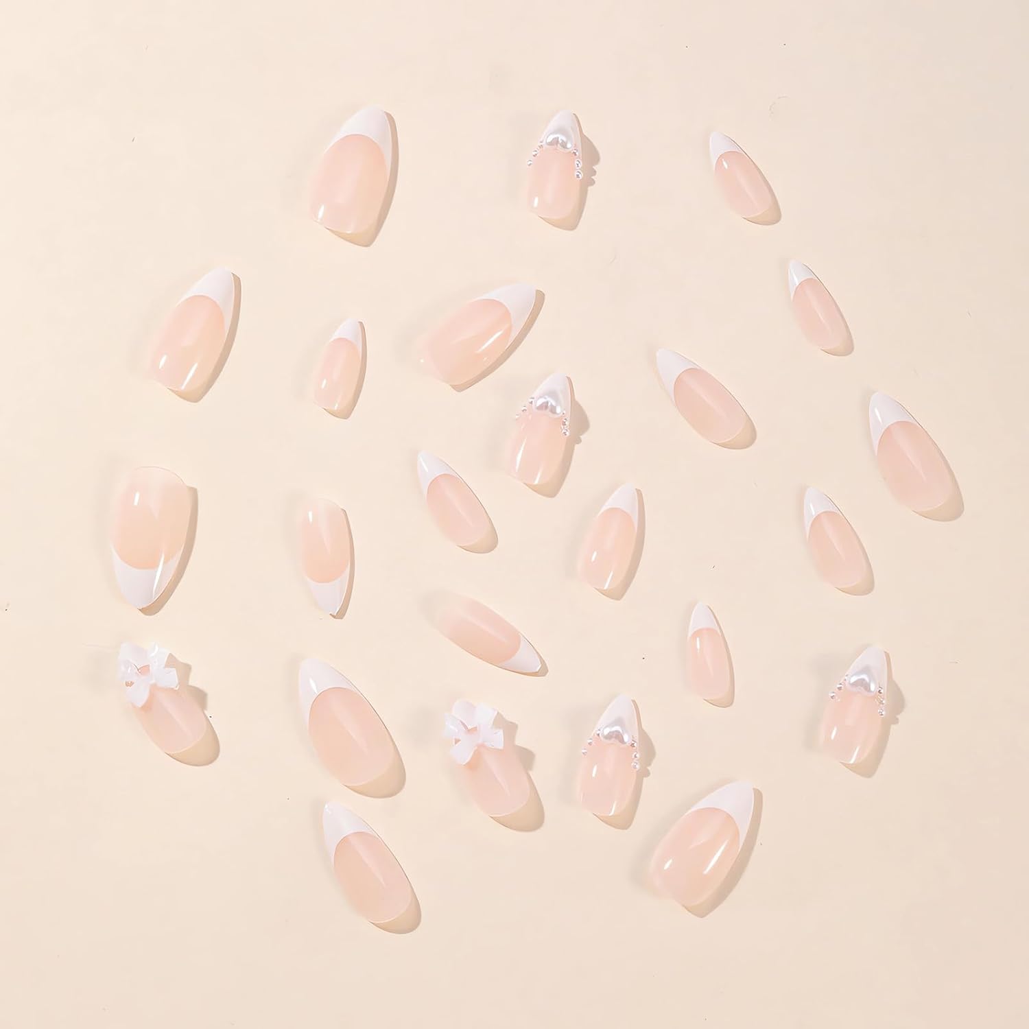 Almond Press on Nails White French Tip Fake Nails Medium Length Acrylic Nails Press ons with Bow Charms Designs Cute White Pearls Glue on False Nails Reusable Stick on Nails 24pcs - Image 3