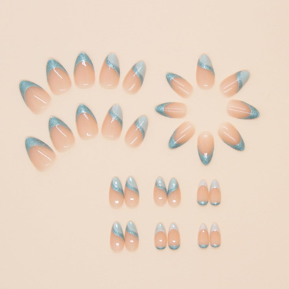 Light Blue French Tip Press on Nails Medium Almond - QUNQINLI Fake Nails Nude Pink False Nails Press ons with Glitter Curve Design Full Cover Nail Tips Acrylic Nail Art Kit for Women Girls 30 Pcs - Image 3