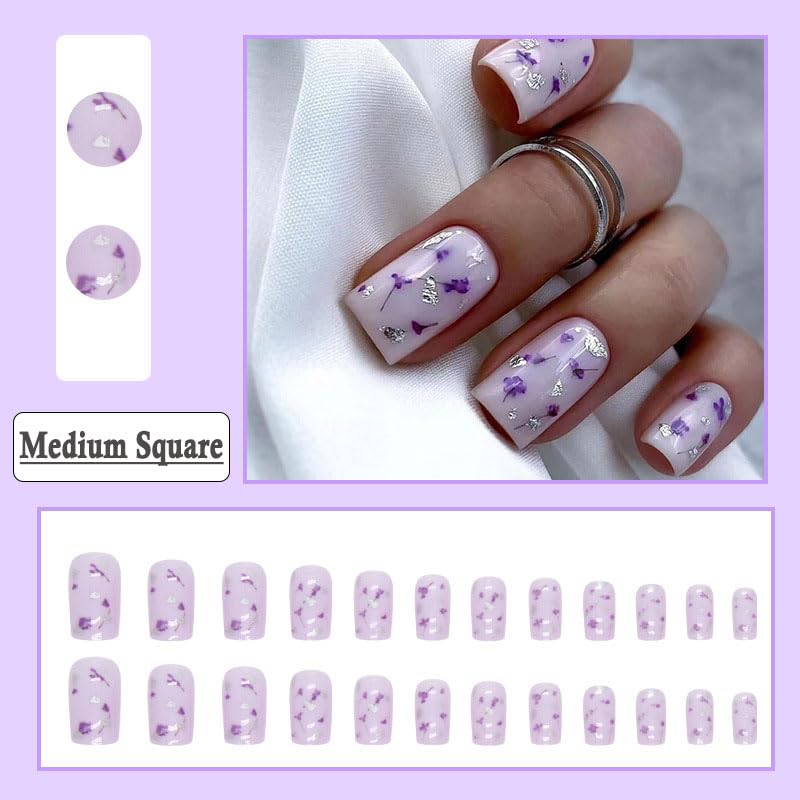 Press on Nails Short Medium Square Light Purple Fake Nails with Exquisite Flower Design, Press ons Artificial Acrylic Full Cover False Stick on Nail for Women Girls Daily Wear Wedding 24Pcs - Image 2