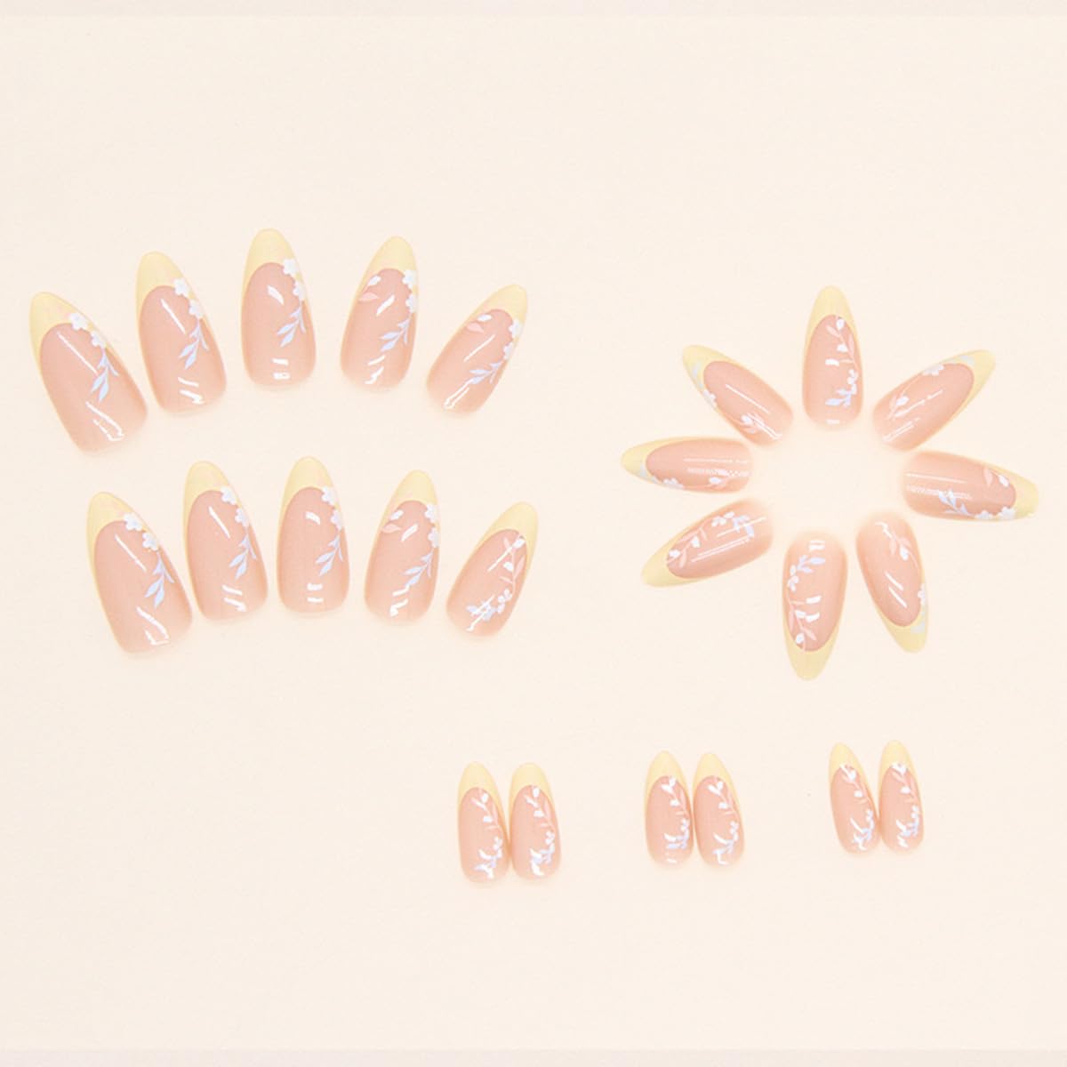 Flower Almond Medium French Tip False Nails with Floral Designs - Glossy Full Cover Acrylic Artificial Cute Stick on Nails for Women - 24pcs - Image 4
