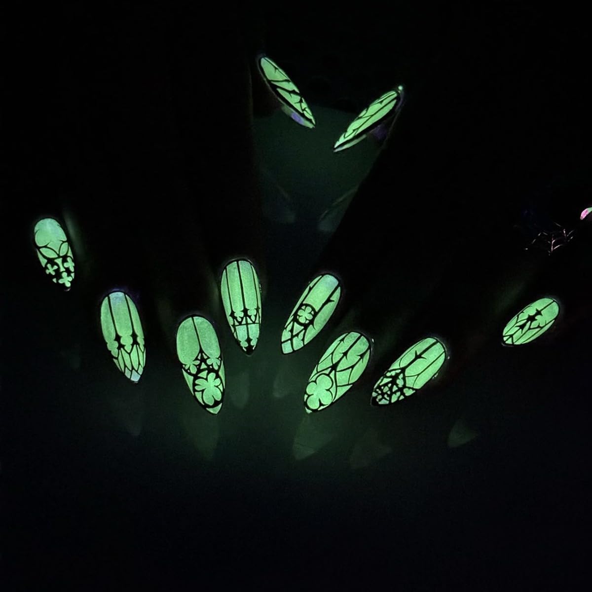 Almond Press on Nails Medium Length Fake Nails Black Goth Acrylic Glue on Nails Glow in the Dark False Nails with Designs Full Cover Glue on Nails Reusable Artificial Nails for Women 24Pcs - Image 3