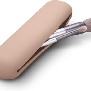 FERYES Travel Makeup Brush Holder, Magnetic Anti-fall Out Silicon Portable Cosmetic Face Brushes Holder, Soft and Sleek Makeup Tools Organizer for Travel-Khaki