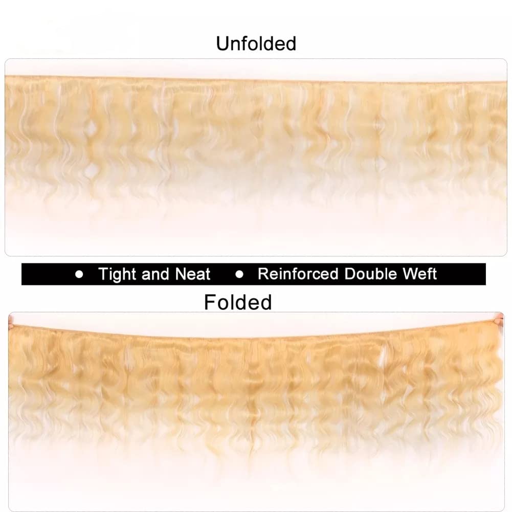Aopusi 613 Human Hair Bundles with Frontal Brazilian Body Wave Bundles with Transparent Color Lace Frontal Closure Unprocessed Blonde Human Hair Weave and 13x4 Frontal Free Part(14 16 18+12) - Image 5