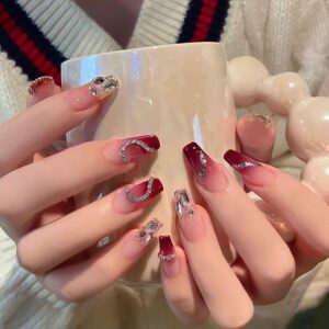 RikView Coffin Press on Nails Long Fake Nails with 3D Rhinestones Red Nails Glossy Full Cover Nails 24 PCs/Set