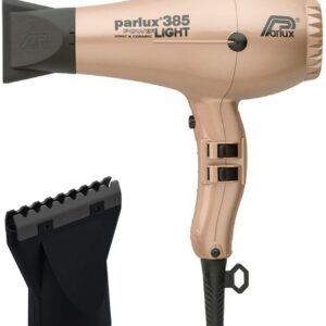Parlux 385 Powerlight Ionic & Ceramic Light Gold Hair Dryer + M Hair Designs Hot Blow Attachment (Bundle) – Lightweight, Fast-Drying, Frizz-Control Blow Dryer for Salon-Quality Styling