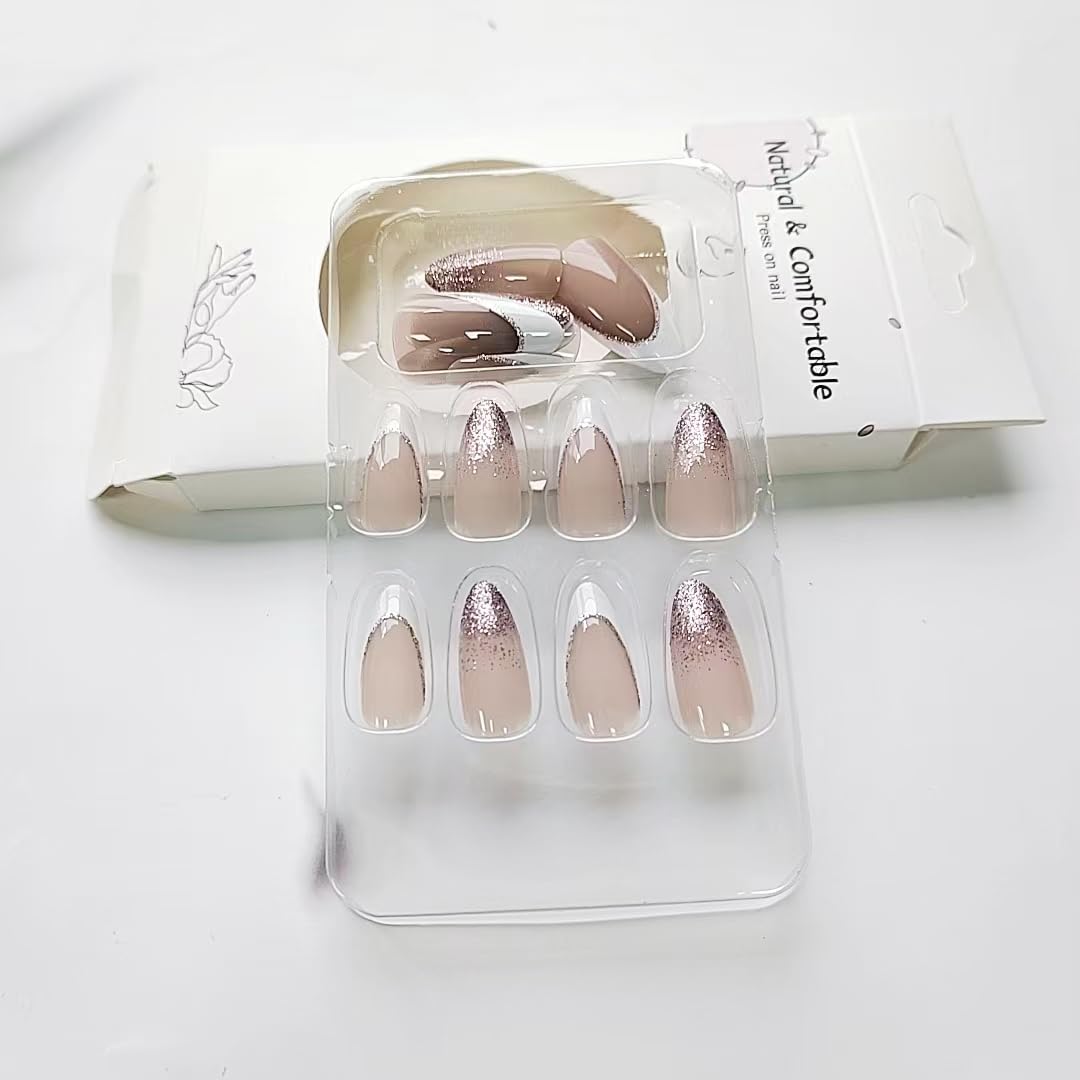 White French Tip Press on Nails with Glitter Designs Medium Almond Shaped Fake Nails Sparkly False Nails Full Cover Glitter Cute Acrylic Nails Glossy Artificial Nails for Women Manicure 24Pcs - Image 6