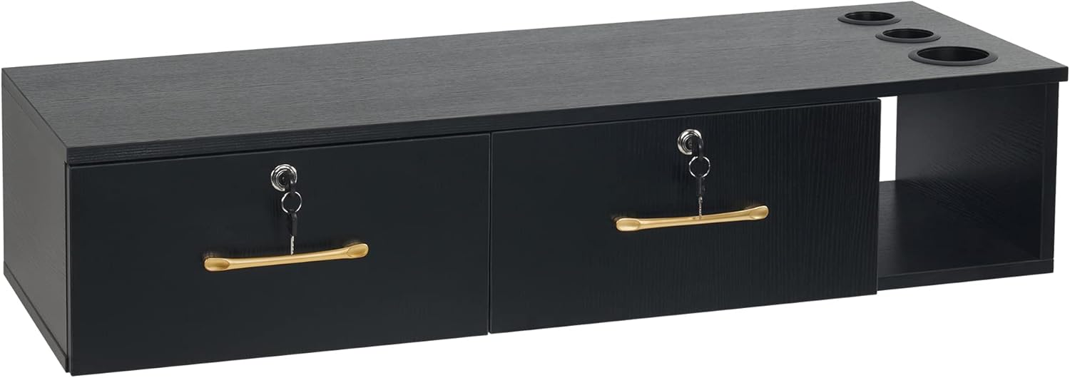 BarberPub Locking Wall Mount Styling Station, Barber Storage Floating Salon Station, Beauty Spa Salon Equipment with Drawers 2206 (Black)