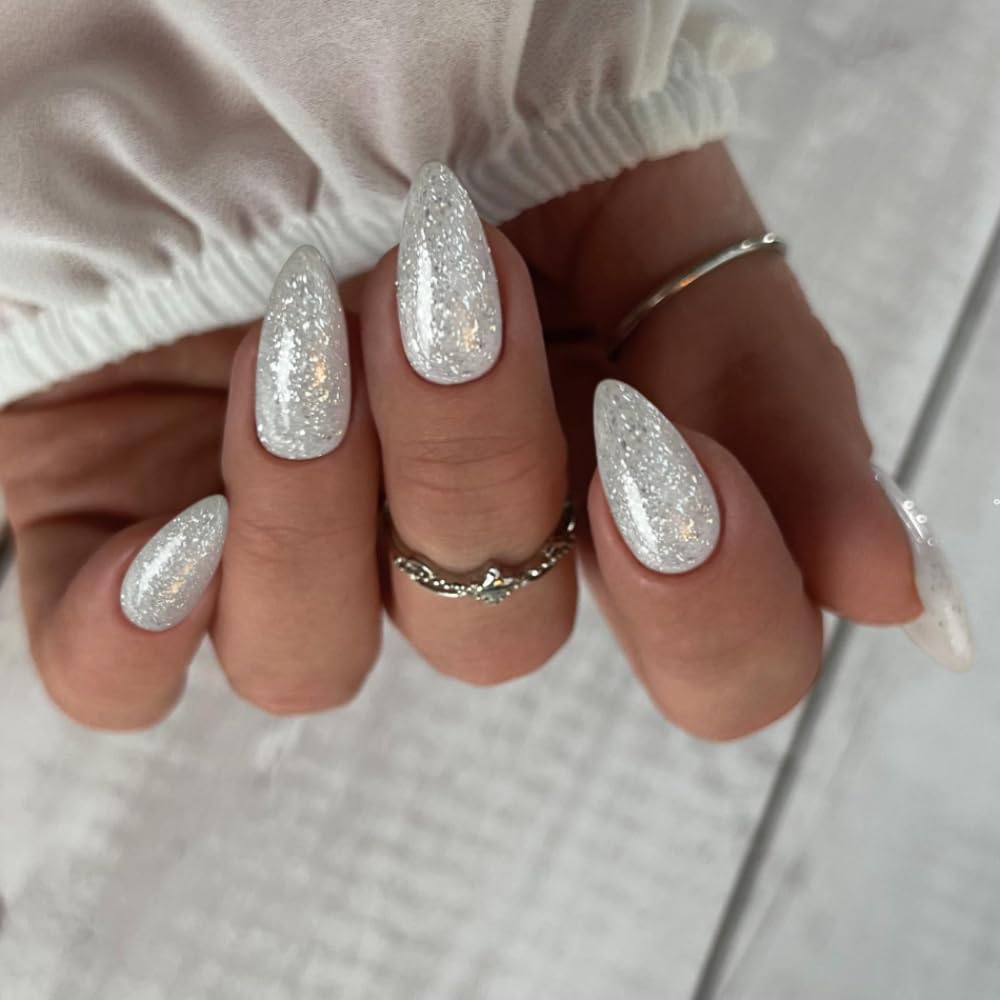 White Silver Glitter Press on Nails Almond Shaped Sparkle Medium Almond Nails Press on Acrylic Nails Fake Nails for Women, Glue on Nails Medium Length with Bling Glam Designs Stiletto False Nails - Image 3