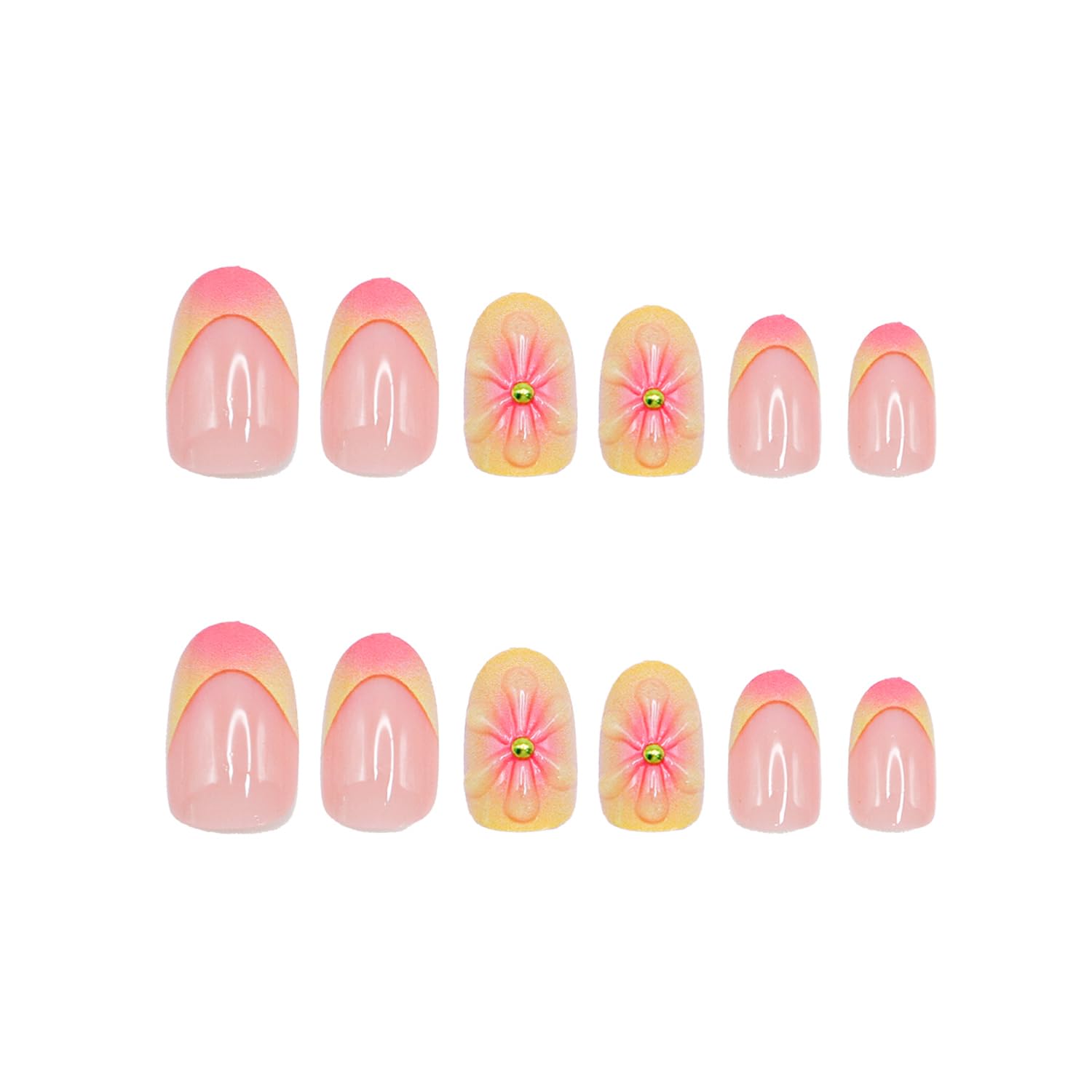 Flower Almond Shaped Press on Nails Summer Short False Nails with 3D Embossed Design Pink Yellow Gradient Fake Nails Glossy Full Cover Acrylic Nails Stick on Nails for Women Nail Decorations 24 Pcs - Image 4