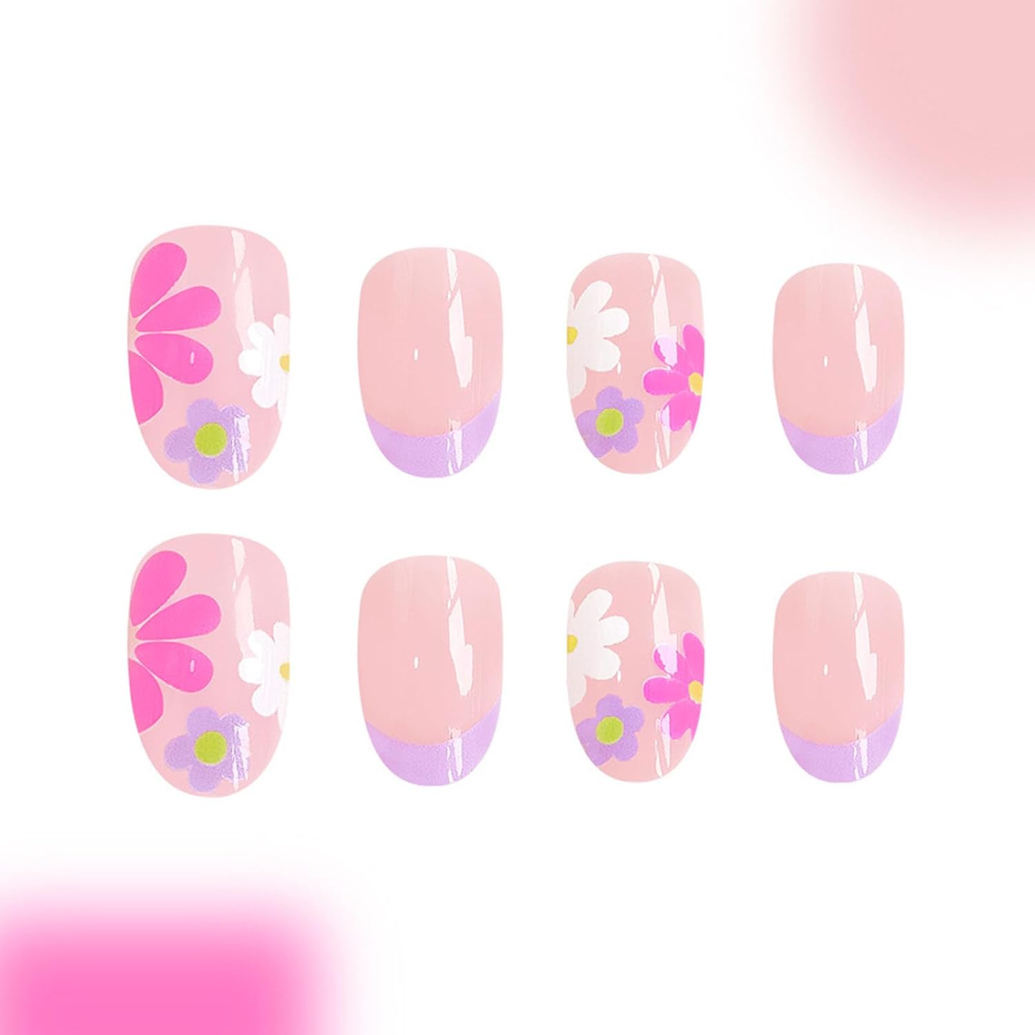 Flower Press on Nails Short Almond Fake Nails French Tip Nails Press ons Colorful Flowers Acrylic Nails Nude Pink Full Cover Glue on Nails Floral False Nails for Women Girls 24 Pcs - Image 3