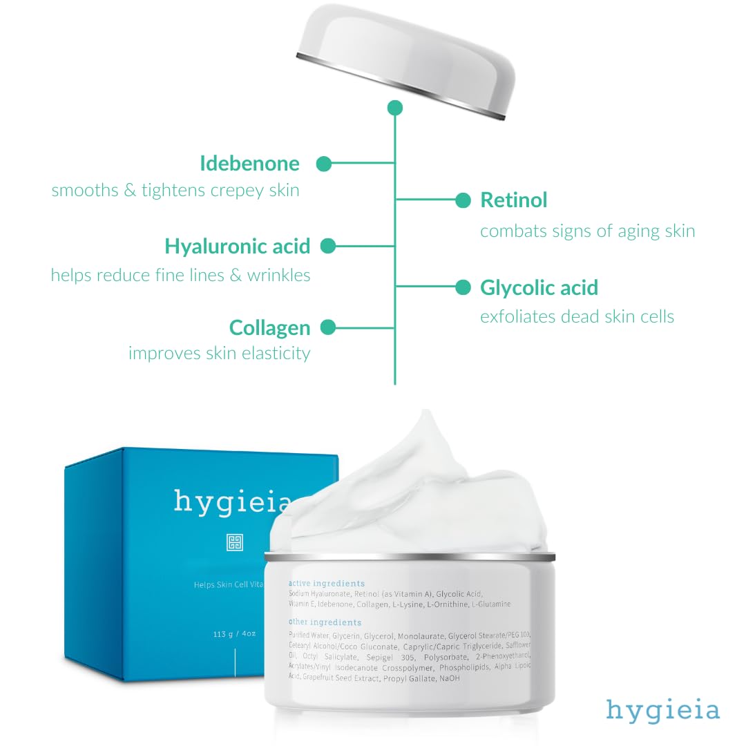 Hygieia Crepey Skin Liposomal Repair Cream – Anti-Aging Crepe Corrector Lotion for Loose Skin (Arms, Neck & Body) & Wrinkles – Retinol & Hyaluronic Acid Firming Cream with Idebenone – Made in USA, 4oz - Image 2