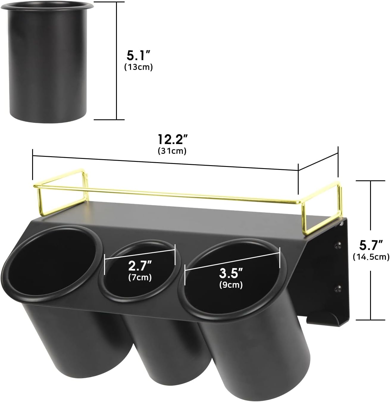 J JACKCUBE DESIGN Hair Dryer Holder Wall Mount Bathroom Vanity Hair Styling Care Tool Accessories 3 Cups Storage Organizer Caddy with Shelf Steel Black Gold- MK1002A (Black) - Image 7