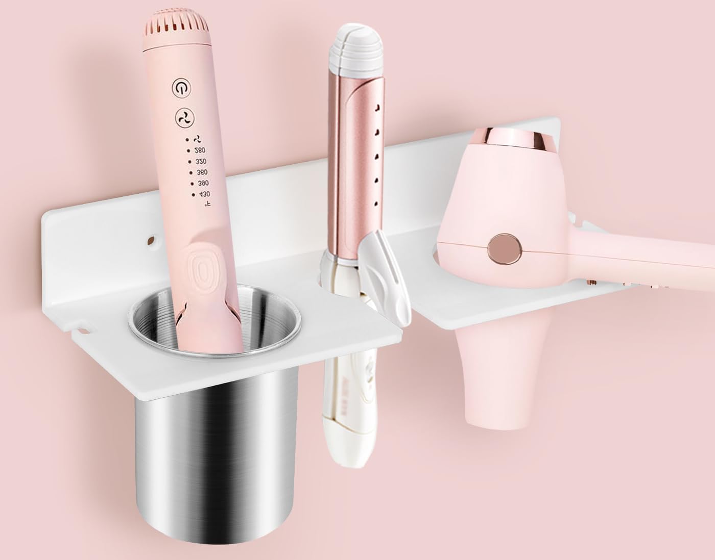 Hair Dryer Holder Wall Mount, Hair Tool Organizer with Heat-Resistant Steel Cups, Acrylic Blow Dryer Holder, Adhesive or Screw Mount for Bathroom Storage