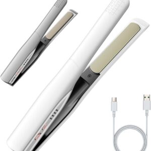 Cordless Hair Straightener and Curler 2 in 1, Fast Heating Cordless Flat Iron, Ultra-Light Portable Straightener for On The Go, Anti-Scald Design with USB-C Charging& Negative Ion Technology (White)
