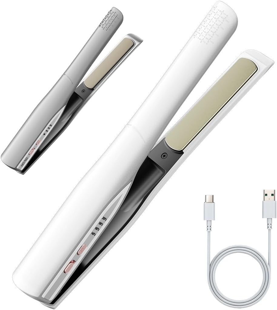 Cordless Hair Straightener and Curler 2 in 1, Fast Heating Cordless Flat Iron, Ultra-Light Portable Straightener for On The Go, Anti-Scald Design with USB-C Charging& Negative Ion Technology (White)