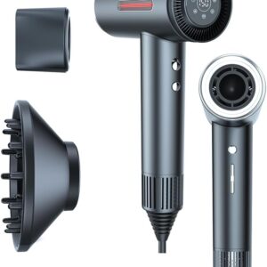 LESCOLTON Blow Dryer with Diffuser, Ionic Blow Dryer 110,000 RPM Brushless Motor 1400W Powerful High Speed, LED Display, 3 Speeds for Fast Drying, Low Noise, Lightweight Home Travel (Iron Gray)