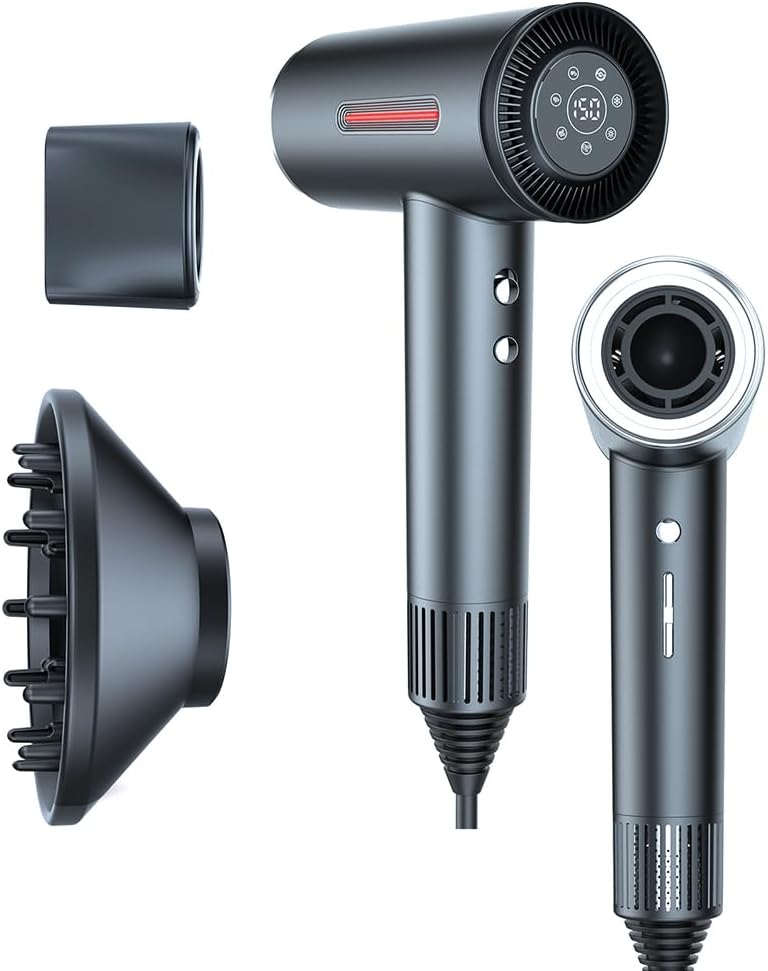 LESCOLTON Blow Dryer with Diffuser, Ionic Blow Dryer 110,000 RPM Brushless Motor 1400W Powerful High Speed, LED Display, 3 Speeds for Fast Drying, Low Noise, Lightweight Home Travel (Iron Gray)