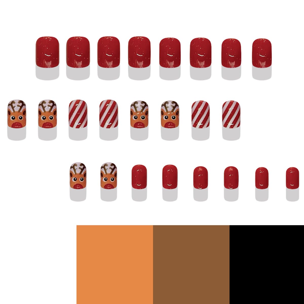 Christmas Press on Nails Short Christmas Fake Nails Cute Reindeer Acrylic Nails with Red Stripe Design Christmas Glue on Nails Winter Stick on Nails Full Cover Artificial False Nails for Women 24Pcs - Image 5