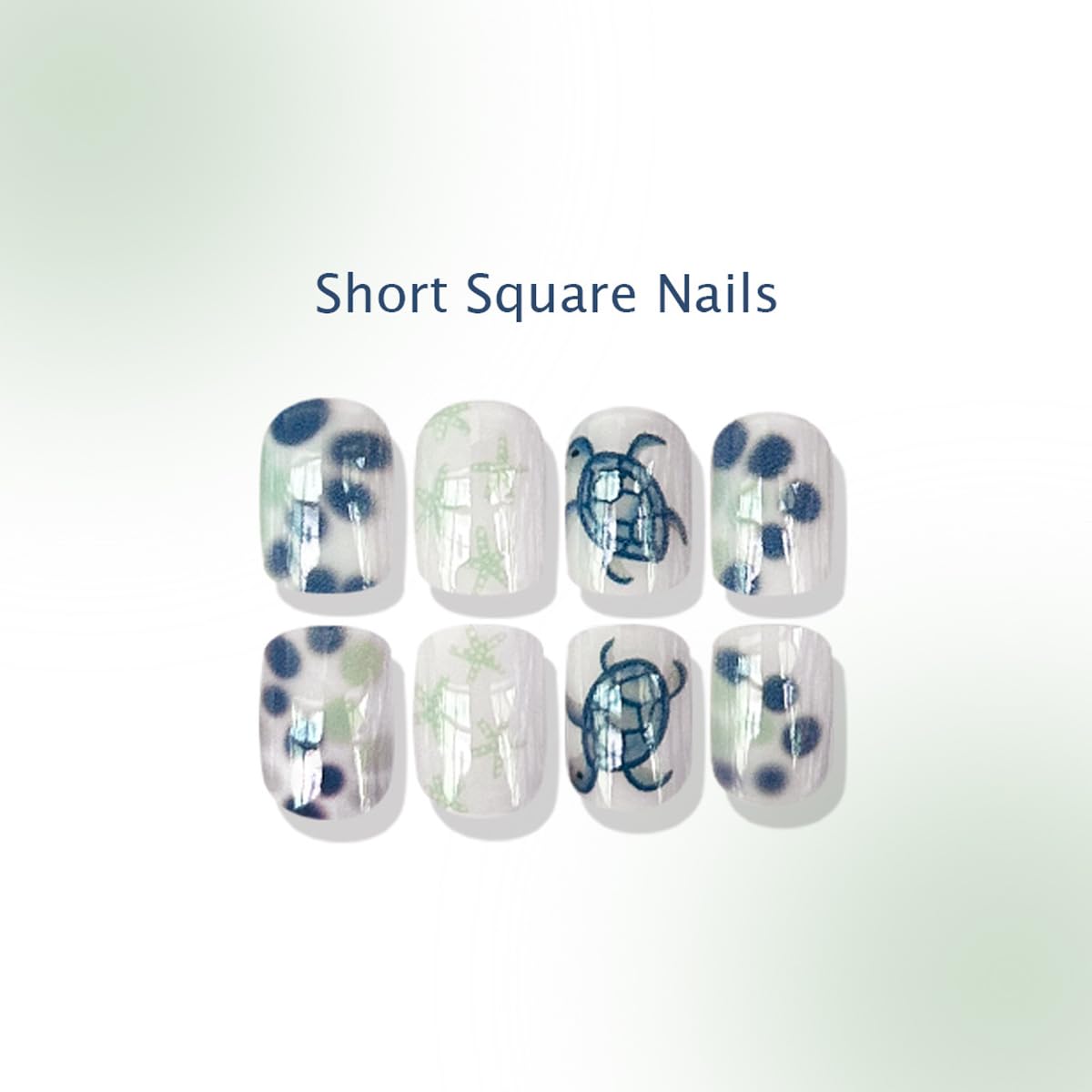 Summer Beach Press on Nails Short Square Fake Nails White False Nails Press ons with Starfish Turtle Design Reusable Artificial Nails Full Cover Glue on Nails Stick on Nails for Women Manicure 24 Pcs - Image 4