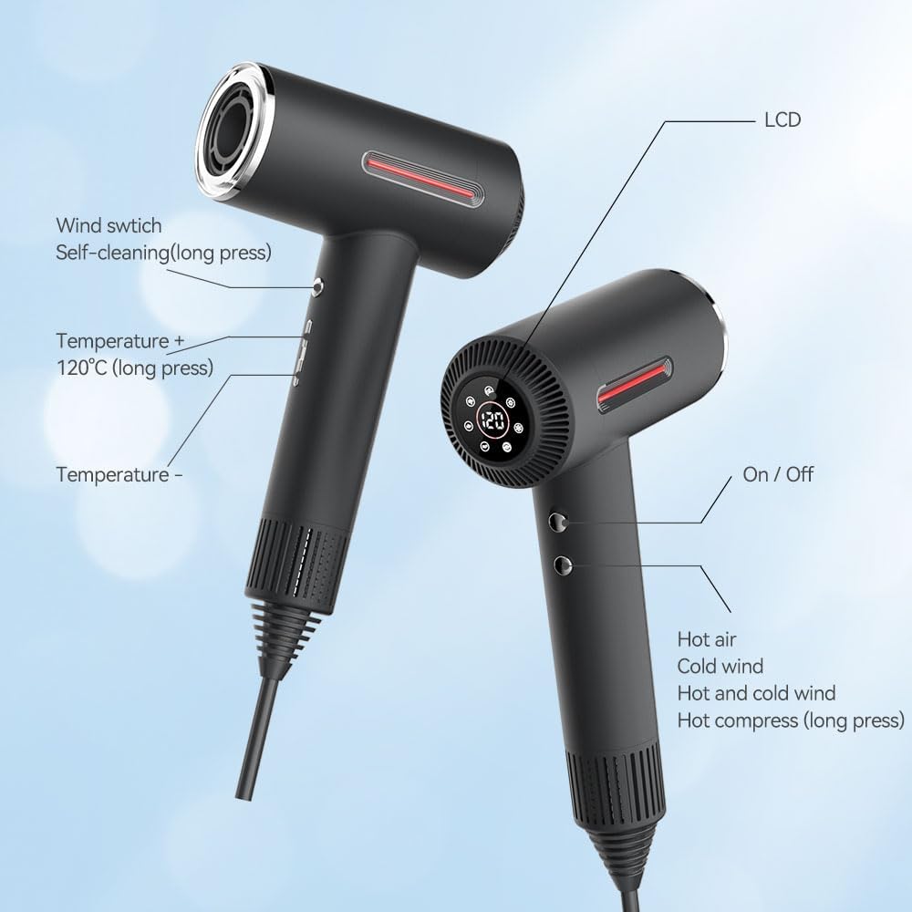 LESCOLTON Blow Dryer with Diffuser, Ionic Blow Dryer 110,000 RPM Brushless Motor 1400W Powerful High Speed, LED Display, 3 Speeds for Fast Drying, Low Noise, Lightweight Home Travel (Iron Gray) - Image 2