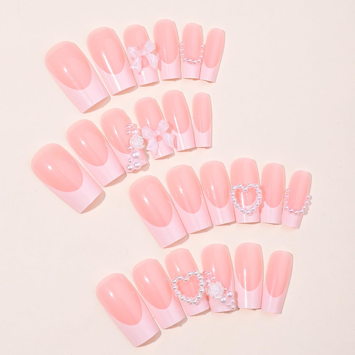 24Pcs French Tip Press on Nails with Charms Designs Medium Long Fake Nails French Heart Nails Press on Cute Rose Flower Stick on Nails Square Shape Acrylic Nails Pearl Nails for Women Daily Wear - Image 3