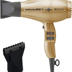 Turbo Power Twin Turbo 3900 Advanced Ionic & Ceramic Eco Friendly Gold Hair Dryer + M Hair Designs Hot Blow Attachment (Bundle) – Fast-Drying, Frizz-Control, Professional Hair Styling