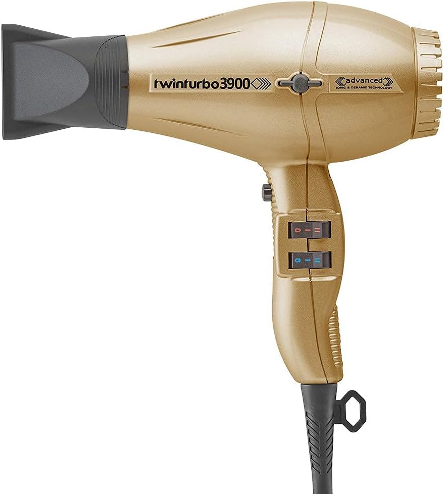 Turbo Power Twin Turbo 3900 Advanced Ionic & Ceramic Eco Friendly Gold Hair Dryer + M Hair Designs Metal Mesh Diffuser (Bundle) – Fast-Drying, Frizz-Control Blow Dryer for Voluminous Curls