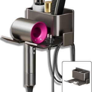 Hair Dryer Holder Wall Mounted, Blow Dryer Holder for Bathroom, Self Adhesive Hair Tool Organizer Compatible, Stainless Steel Blow Dryer Holder with Most Types of Hair dryers(Gray)