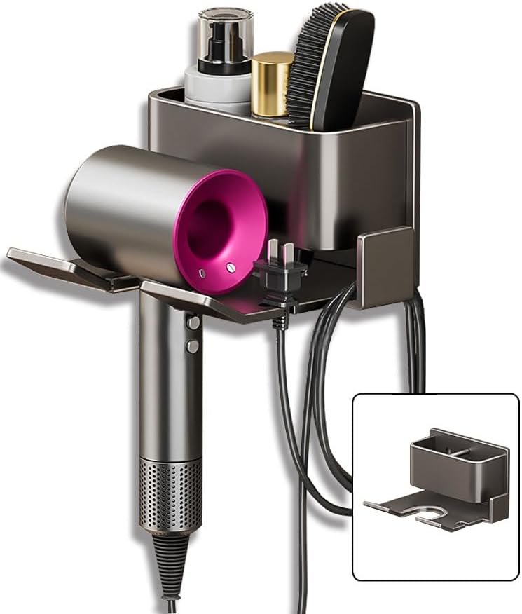 Hair Dryer Holder Wall Mounted, Blow Dryer Holder for Bathroom, Self Adhesive Hair Tool Organizer Compatible, Stainless Steel Blow Dryer Holder with Most Types of Hair dryers(Gray)