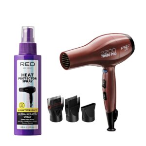 RED PRO 3200 Turbo Pro Detangler AC Hair Dryer & Red by Kiss Heat Protector Spray Bundle