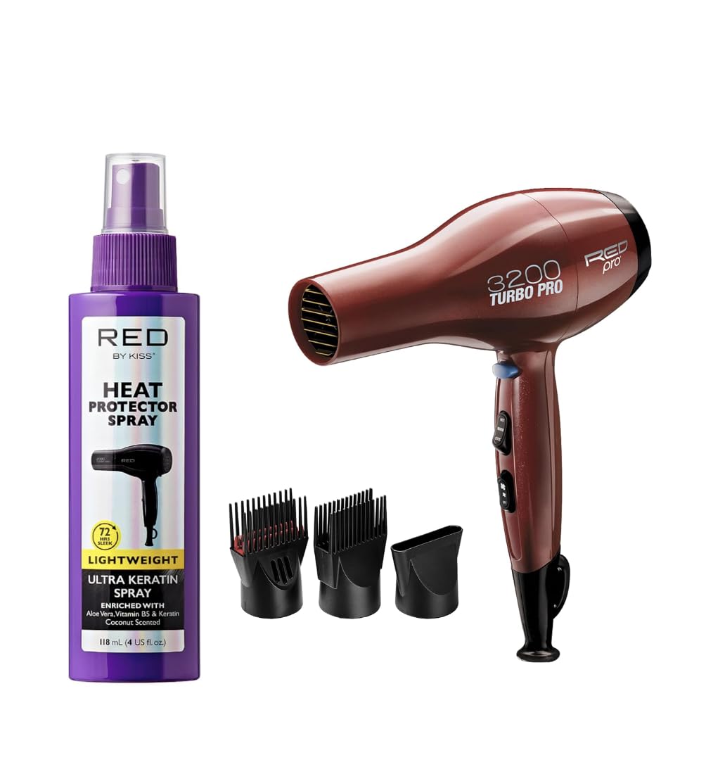 RED PRO 3200 Turbo Pro Detangler AC Hair Dryer & Red by Kiss Heat Protector Spray Bundle