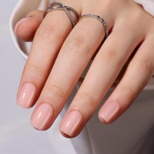 Press on Nails Short Square, Rosy Nude Fake Nails Kit, Fashion Glossy Acrylic Press on Nails, Natural Stick on Nails, Thick Reusable Glue on Nails Short Press On Nails for Women, 24Pcs
