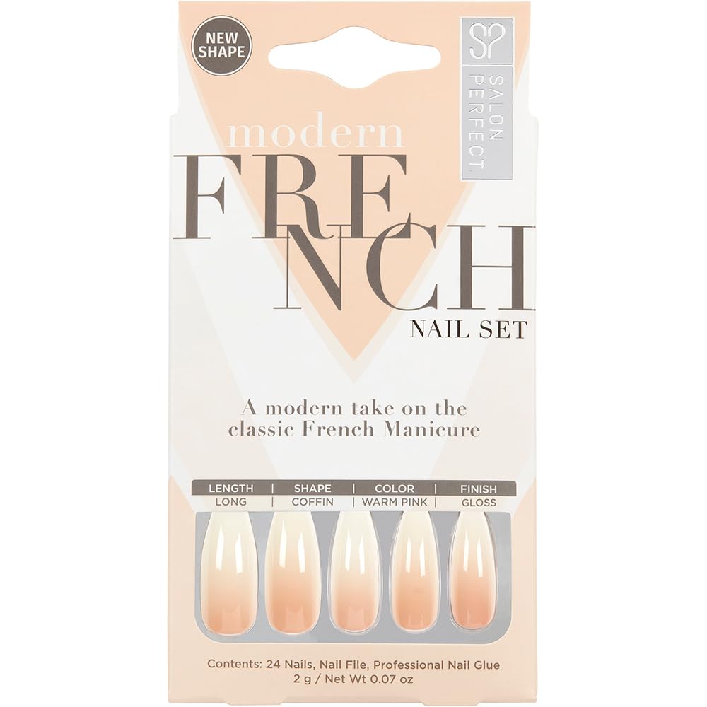 Salon Perfect Press On Nails Modern French Ombre, Long-Lasting Acrylic Fake Nails, Easy Application Trendy Design, 24 Nails with Glue & File, Nail Kit, 1-Pack