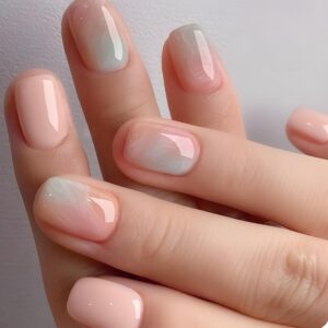 Gradient Blue Press on Nails Medium Square Fake Nude Pink Marble Design Acrylic False Nail Wavy Glue on Full Cover Glossy Nude Stick on for Woman Girls Manicure 24Pcs