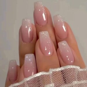 Medium Press on Nails Coffin Fake Nails 30Pcs Pink White Ombre Coffin False Nails with A Little Bit of Glitter Designs Acrylic Nails Press ons Artificial Nails Stick on Nails for Women