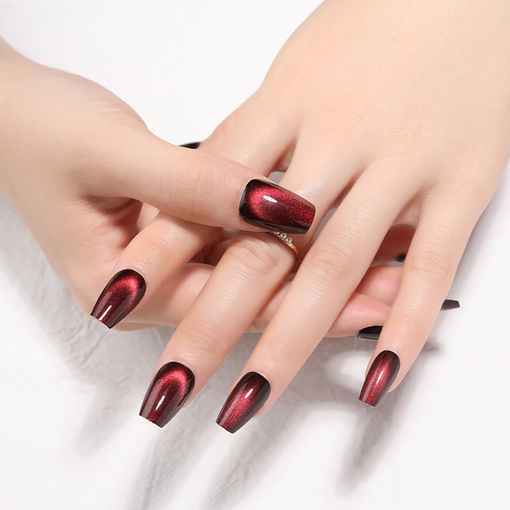 Medium Coffin Press on Nails, Wine Red Cat Eye Press on Nails, Fashion Gel Fake Nails, Reusable Acrylic Fake Nails, Glossy Stick on Nails for Women Gift, Glue on Nails Kit 24 Pcs, Midnight Blaze - Image 3