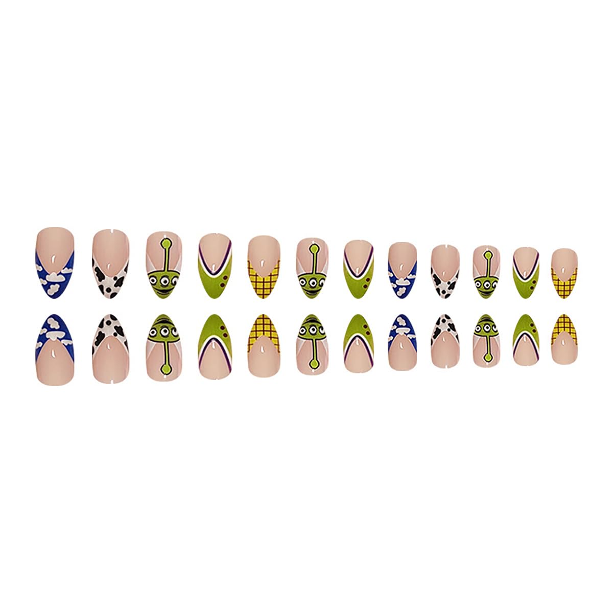 24Pcs Almond Press on Nails Short Fake Nails Summer Reusable False Nails with Cute Cartoon Pattern Design Artificial Acrylic Nails Press ons Holiday Glue-Free Nails Halloween Nails for Women - Image 3